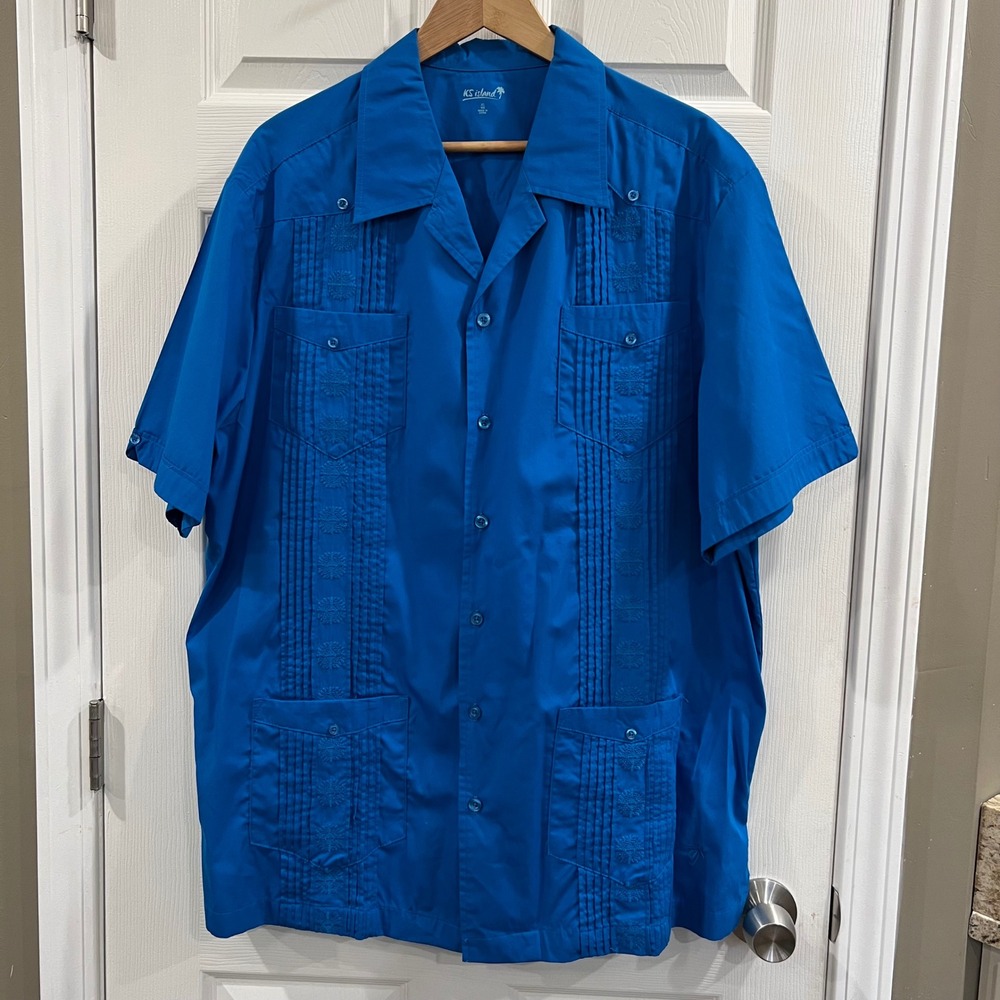 KS Island Mens XL Big Blue Guayabera Short Sleeve Embroidered Mexican Camp Shirt